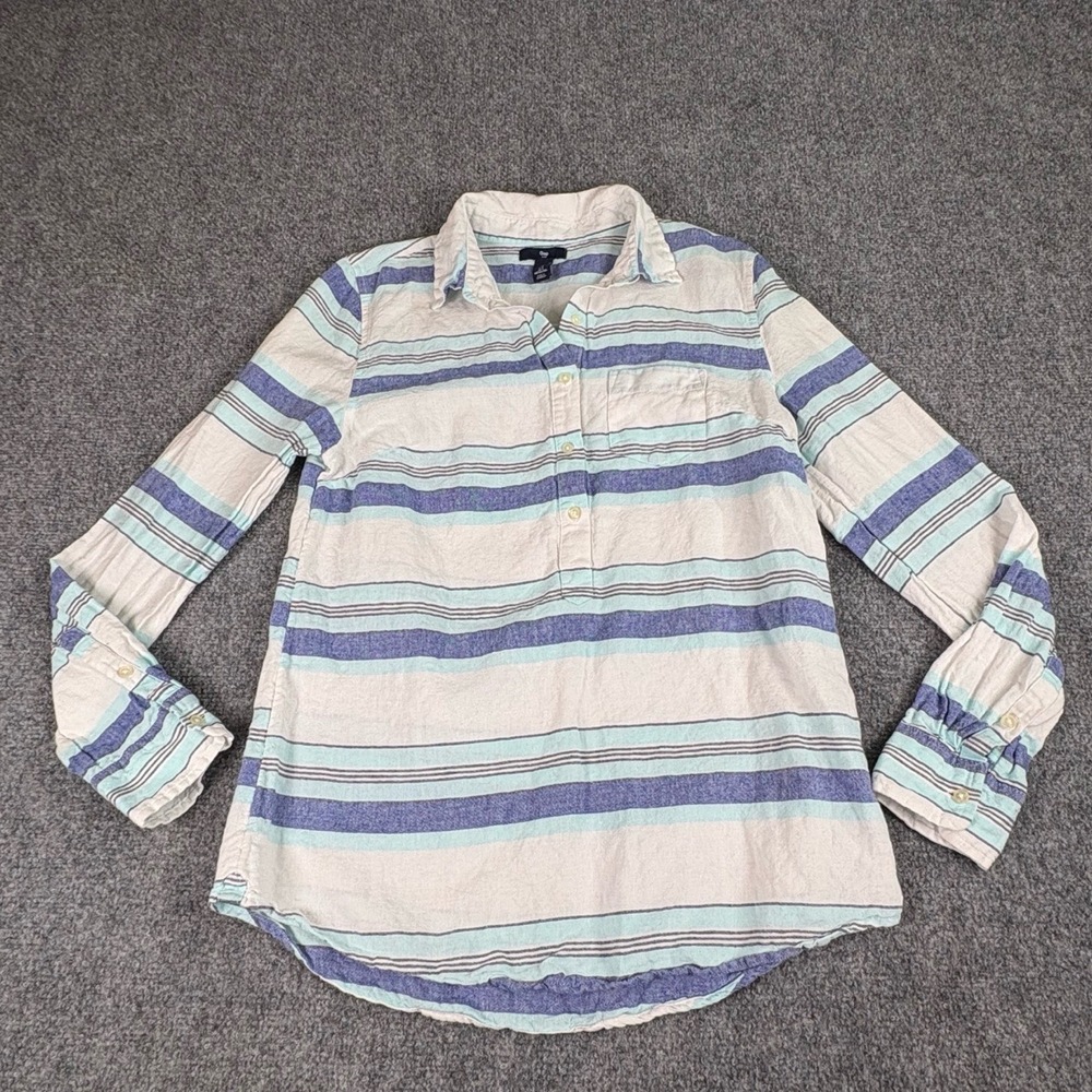 Gap Shirt Womens Small Linen Blend Striped Popover Preppy Coastal Career Beachy